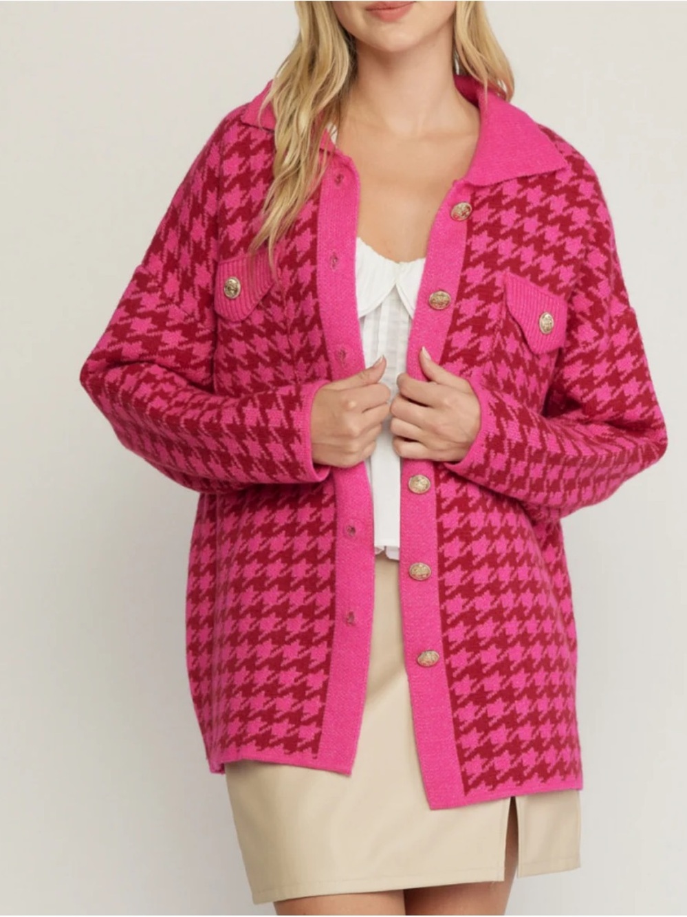 Hot Pink Houndstooth Button-Front Cardigan Jacket